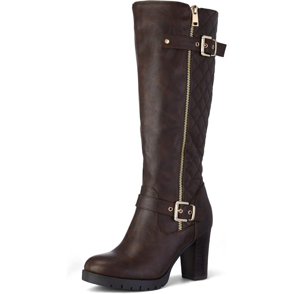 Women Coffee Pu Knee High Fashion Chunky Block Heel Side Zipper Warm Winter Boot